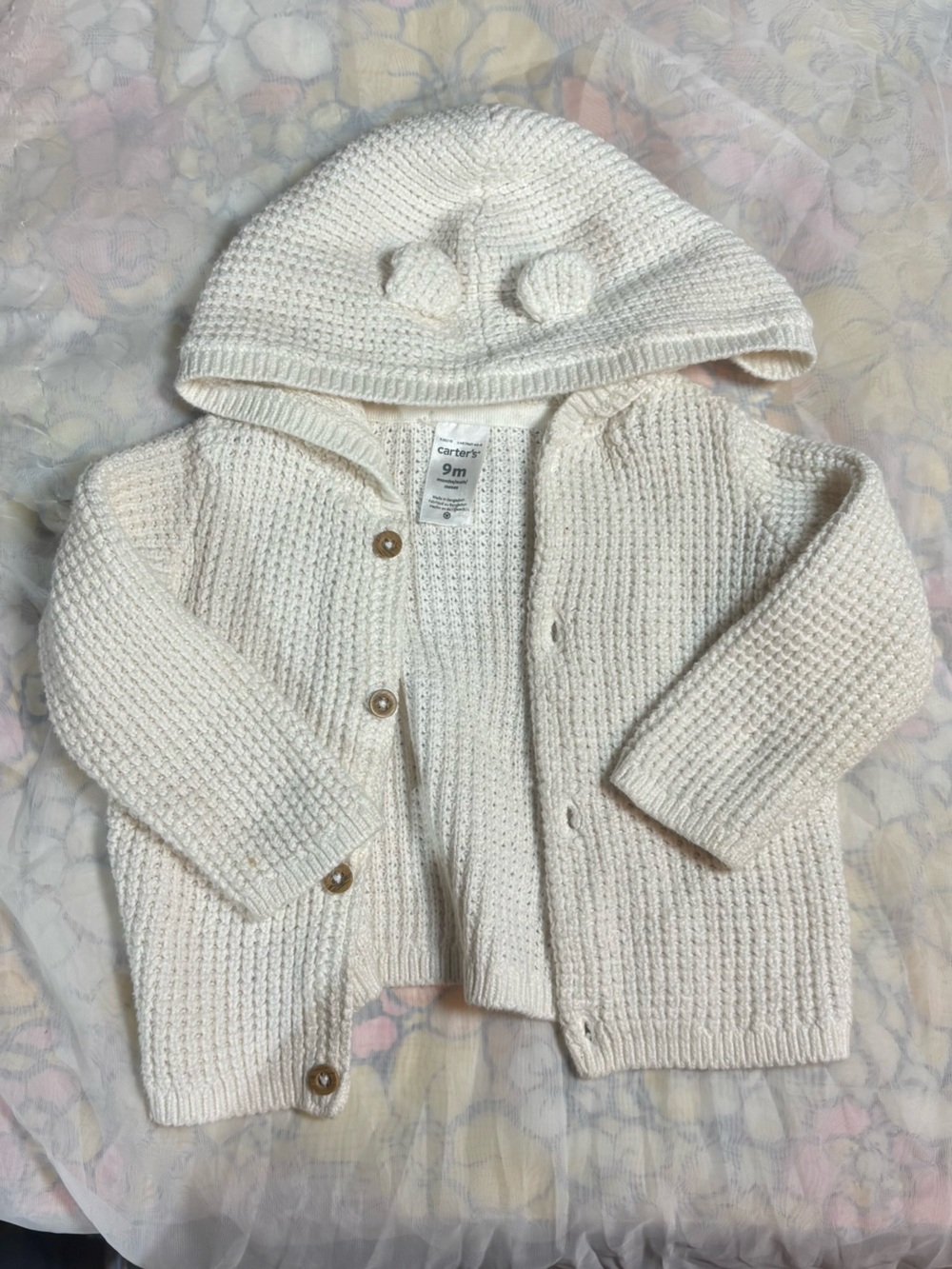 Carter's Cream Knit Hooded Cardigan with Pom Embellishments